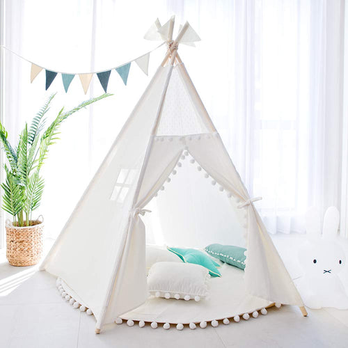 4-Pole Plain White Cotton Canvas Indoor Kids Play Teepee Tent Childrens Teepees Tipi Wigwam Playhouse Tee Pee Indian Tent